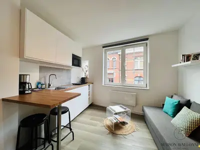 a kitchen and living room with a table and a couch at Le Wallon - Cointe Guillemins Botanique in Liège