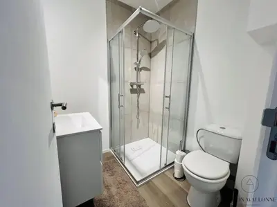 a bathroom with a shower and a toilet and a sink at Le Wallon - Cointe Guillemins Botanique in Liège