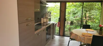 a kitchen with a table and a stove and a counter top at Corgi-Flowerhuisje in Lanaken