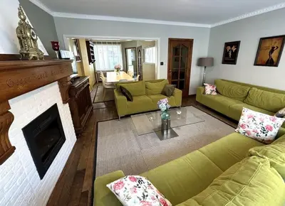 a living room with green couches and a fireplace at Romagna in Tongeren