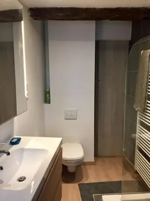 a bathroom with a white sink and a toilet at La Vie Hors Château in Liège