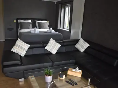 a living room with a bed and a black couch at Luxury House in Remersdaal