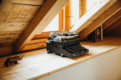 a black cat sitting next to a typewriter in a attic at La Petite Maison dans la Prairie in Pepinster