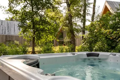 a hot tub in a yard with trees at Villa Lodge met Jacuzzi - 8 personen - Woodz Lodges in Heusden - Zolder