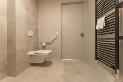 a bathroom with a toilet and a walk in shower at Suite Toegankelijk | 2 personen in Heusden - Zolder