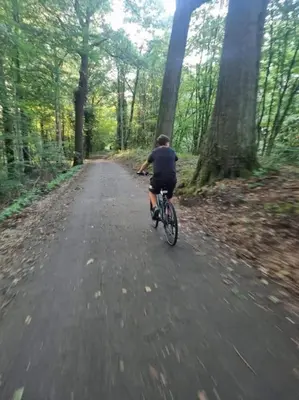 a man riding a bike down a road at Casa Kanella Vakantiewoning in Maasmechelen