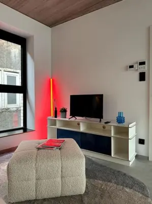 a living room with a flat screen tv and a couch at lOFT 202 in Liège
