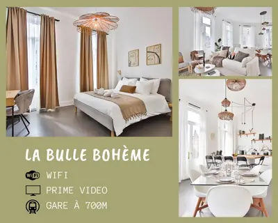 a collage of pictures of a bedroom and a living room at La bulle bohème - Entièrement neuf, près de Spa in Verviers