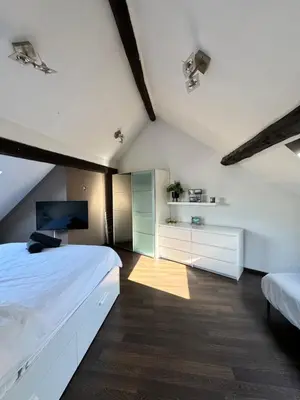 a attic bedroom with a large bed and a tv at Lovely loft for romantic getaway or family trip in Chaudfontaine