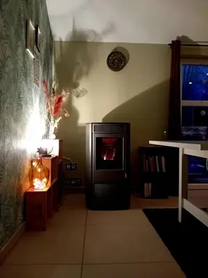 a living room with a fireplace with a fire in it at Le coin des évasions in Verviers