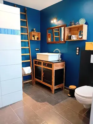 a bathroom with a sink and a ladder and a toilet at Le coin des évasions in Verviers