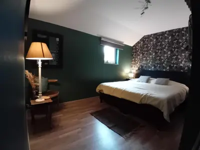 a bedroom with a bed and a green wall at Le coin des évasions in Verviers