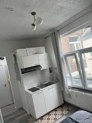 a white kitchen with a sink and a window at Superbe studio calme et cosy in Saint-Léonard