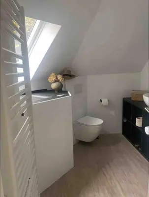 a white bathroom with a toilet and a window at Petit Château in Eupen