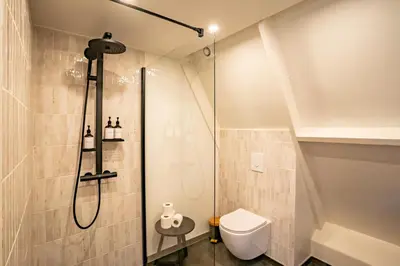 a bathroom with a shower and a toilet at Boshuisje Rekem - Ignis in Lanaken