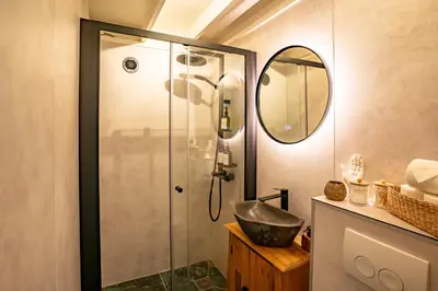 a bathroom with a shower with a sink and a mirror at Boshuisje Rekem - Lotus in Lanaken