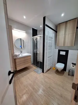a bathroom with a toilet and a sink and a mirror at Peace and quiet in Liège, private room and bathroom in Liège