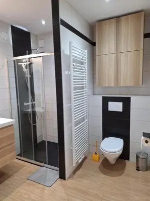 a bathroom with a shower and a toilet in it at Peace and quiet in Liège, private room and bathroom in Liège