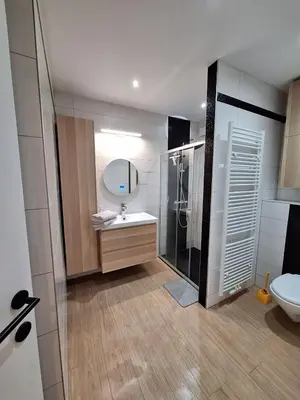 a bathroom with a shower and a sink and a mirror at Peace and quiet in Liège, private room and bathroom in Liège