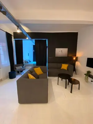 a living room with a black couch and yellow pillows at Loft St Remacle in Liège