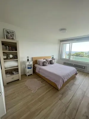 a white bedroom with a bed and a window at Appartement panoramique plein sud Liège in Liège