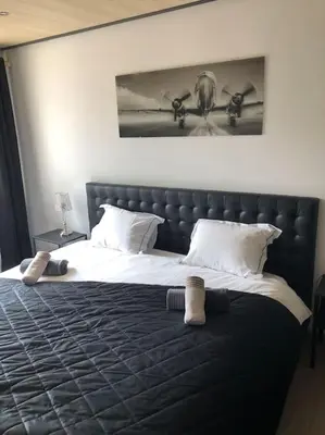 a bedroom with a large bed with a black headboard at Riverside house in Trooz