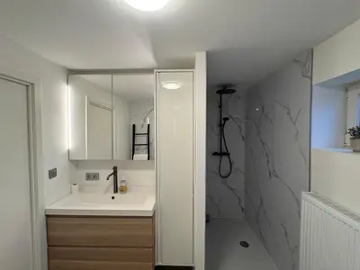 a bathroom with a sink and a mirror at Vakantiewoning Gruitrode in Oudsbergen