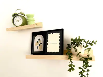 a shelf on a wall with a clock and a plant at Le cozy escape in Herstal