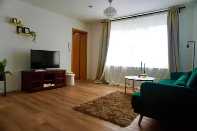 a living room with a green couch and a television at Le cozy escape in Herstal