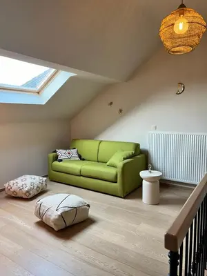 a living room with a green couch in a attic at De Boomgaard Voeren in Voeren