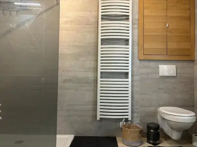 a bathroom with a toilet and a glass shower at L 'écrin sauvenière - Hypercentre avec Parking gratuit in Liège