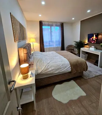 a bedroom with a bed and a desk and a television at Jolie petite maison in Liège