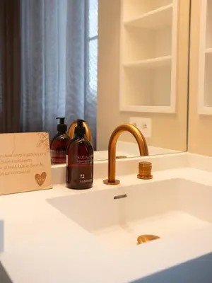 a bathroom sink with a bottle of soap and a mirror at Pastorij Huys in Heers