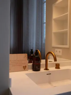 a bathroom counter with a sink with a box on it at Pastorij Huys in Heers