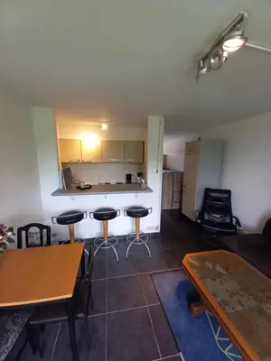 a room with a kitchen and some tables and chairs at Ap57 Nature Ardennes Economy class apartment in Kelmis