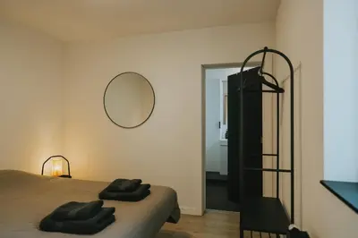 a bedroom with a bed and a mirror on the wall at 2 bedroom apartment near the city center in Liège
