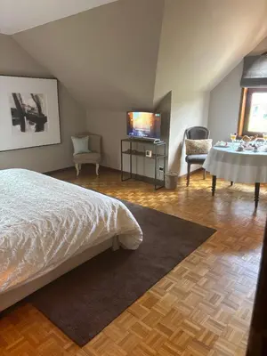 a bedroom with a bed and a tv and a table at Sophia Rooms 14 in Maasmechelen