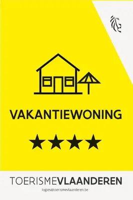 a yellow sign with a house and five stars at Ardilla - holiday house in an oasis of green in Heusden - Zolder