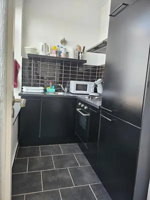 a kitchen with black cabinets and a black refrigerator at Phocas in Liège