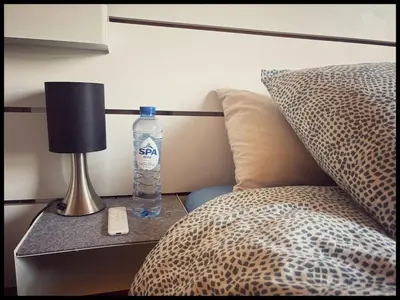 a bottle of water sitting on a table next to a bed at Appartement tout eco-confort proche du centre in Liège