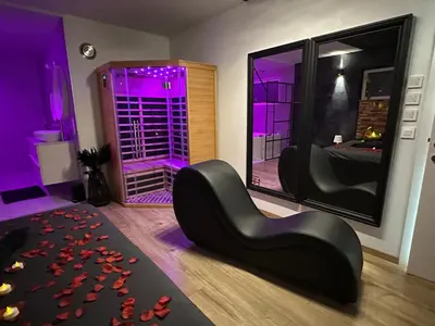 a living room with a black chair and a mirror at Loft de Waroux in Awans