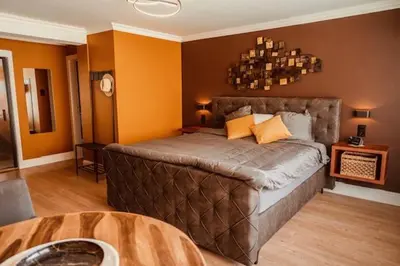 a bedroom with a large bed in a room at mi casa naranja in Lommel