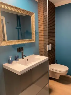 a bathroom with a sink and a toilet at mi casa naranja in Lommel
