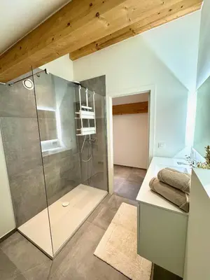 a bathroom with a glass shower and a sink at Hartje Borgloon in Borgloon
