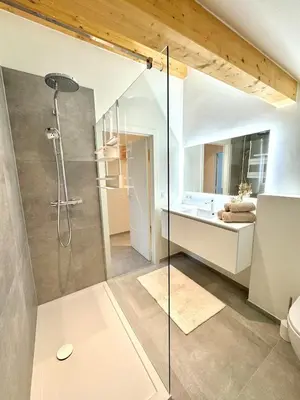 a bathroom with a shower and a sink at Hartje Borgloon in Borgloon