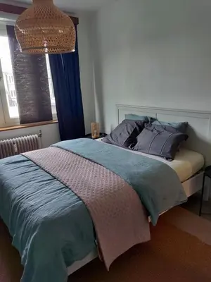 a bedroom with a bed and a chandelier at LifeinLiege in Liège