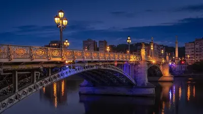a bridge over a river with a city at night at LifeinLiege in Liège