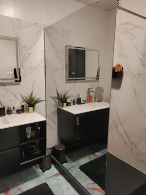 a bathroom with two sinks and a television on the wall at LifeinLiege in Liège