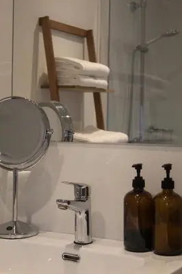 a bathroom sink with a mirror and two soap bottles at Vakantiewoning Molenveld in Dilsen-Stokkem