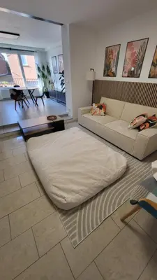 a living room with a couch and a large rug at Appartement Hoang in Ans